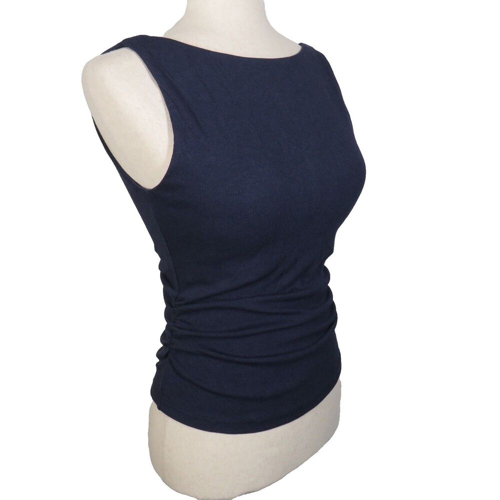 OGL Plantive Navy Ribbed Ruched Boat Neck Low Back Padded Bra Brami Tank Large
